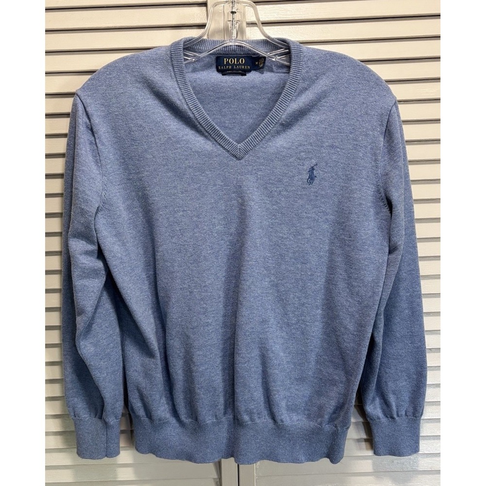 Polo‎ Ralph Lauren Pullover Sweater V Neck Size Medium Pima Cotton Ribbed Hem